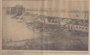 After the 1938 Hurricane waters subsided, boats were piled up alongside the Railroad Bridge in Tiverton.