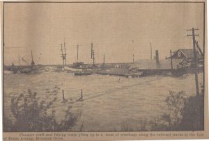 1938 Hurricane waters piling up boats along the railroad tracks at the foot of Evans Avenue and Riverside Drive in Tiverton.