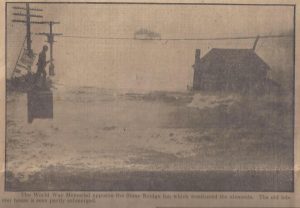 1938 Hurricane attacks the WWI Doughboy statue at the base of the Stone Bridge (seen in the distance). The lobster shack is shown on the right, partially submerged.