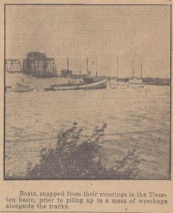 1938 Hurricane snaps boats from their moorings in the Tiverton Basin and pushes them toward the Railroad Bridge.