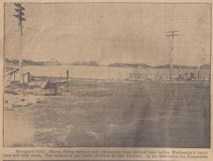 North of Stone Bridge showing the Hummocks in the distance. Aftermath of the 1938 Hurricane, showing where stores, gas stations, and restaurants used to be before the tidal wave washed all away.